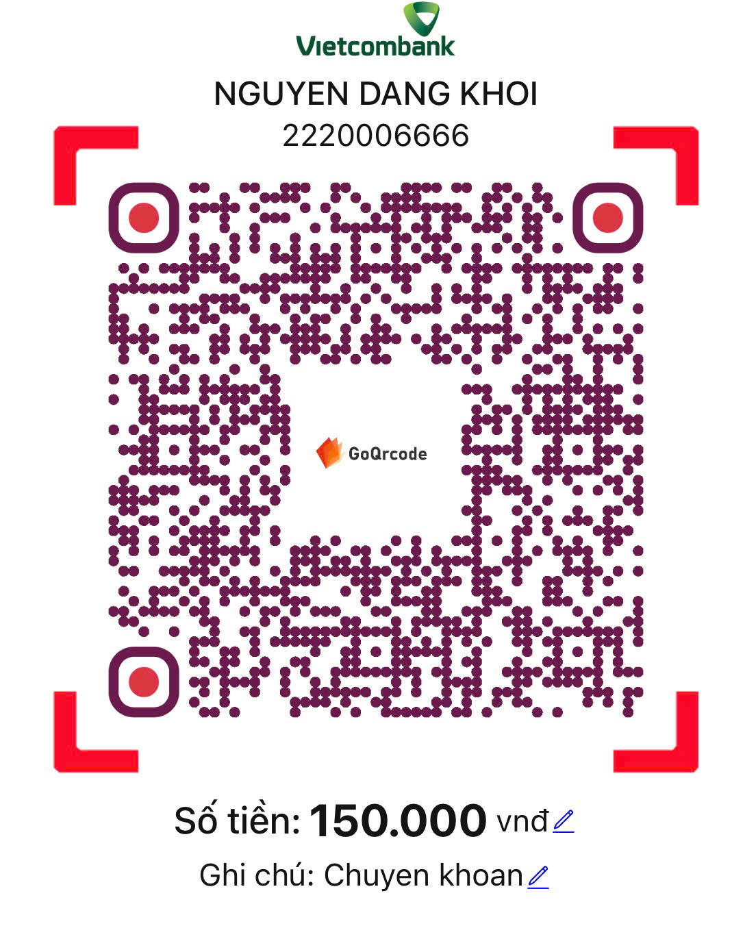  Giao diện ứng dụng GoQrCode đang hiển thị thanh toán